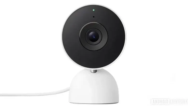Google Nest Cam (3rd gen) indoor security camera, white and black, on a white background.