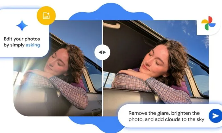 Before and after comparison of Google Photos AI editing, showing a woman in a car with glare removed and sky enhanced.
