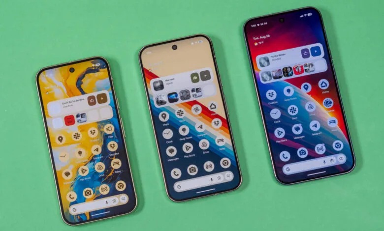 Three Google Pixel phones display different home screen customizations, showcasing varied app icons and color schemes on a green background.