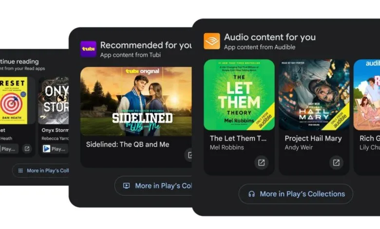 Google Play Books & Audible recommendations: book & audiobook covers displayed, including titles and authors.