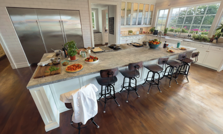 A spacious kitchen island with a granite countertop, industrial stools, and prepared food. A chef's jacket hangs on one stool.