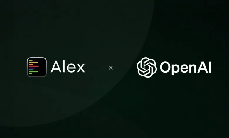 Alex and OpenAI logos on a dark green background, signifying a partnership.