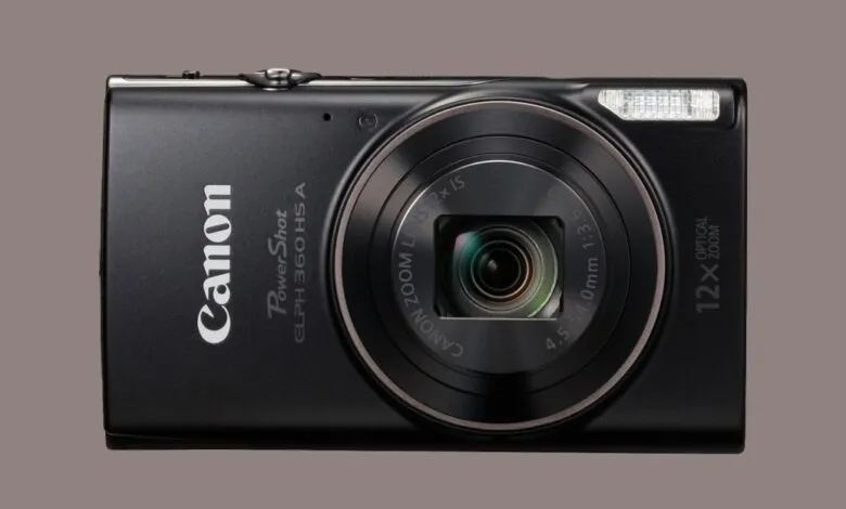 Black Canon PowerShot ELPH 360 HS A camera with 12x optical zoom lens.
