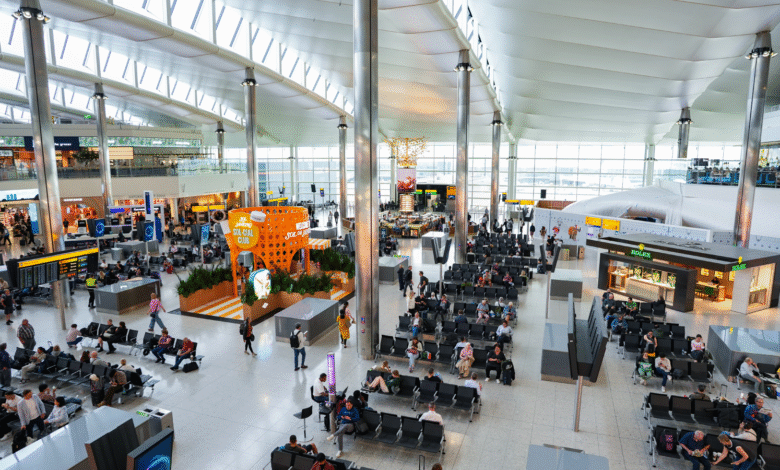 Busy Heathrow Airport terminal with passengers waiting at gates, shops, and restaurants visible.