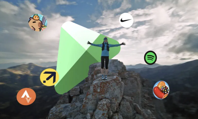 Woman on mountaintop with arms outstretched, surrounded by app logos; inspiring achievement image.