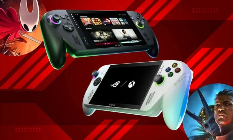 Two ROG Ally gaming handhelds, one black and one white, with game art.