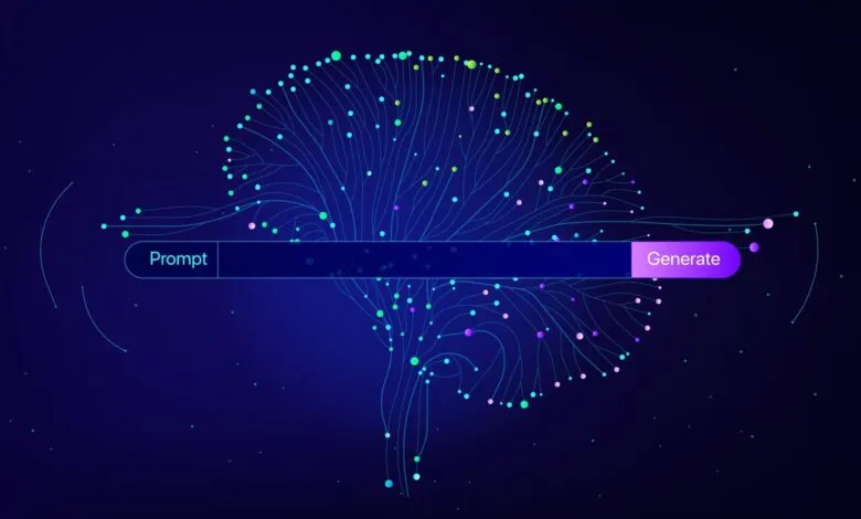 Abstract AI neural network graphic; glowing lines & nodes branching from a prompt bar with 'Generate' button.