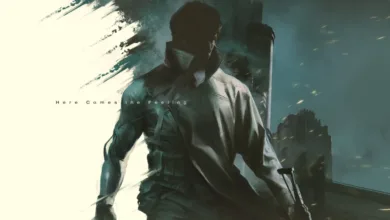 Stylized artwork of a man in a trench coat, holding a rifle, with the text 'Here Comes the Feeling'.