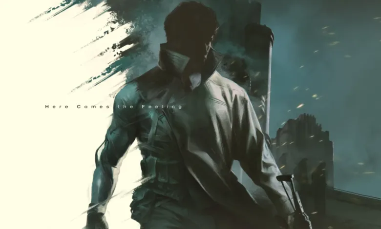 Stylized artwork of a man in a trench coat, holding a rifle, with the text 'Here Comes the Feeling'.