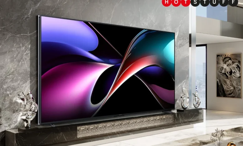 Hisense miniLED TV displayed in a modern living room, showcasing vibrant abstract artwork on screen.