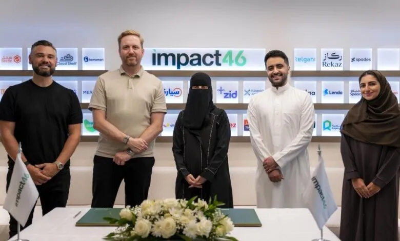 Five individuals from Impact46 and partners pose in front of a wall of company logos.