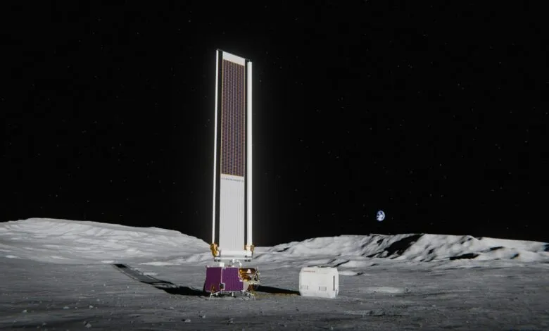 A tall, slender spacecraft with solar panels stands on the moon's surface next to a cargo module.