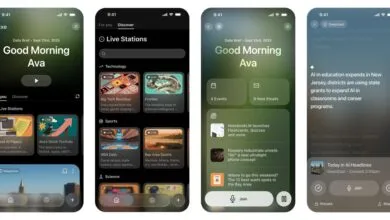 Screenshots of a news app interface showing AI news, stock updates, and sports scores.