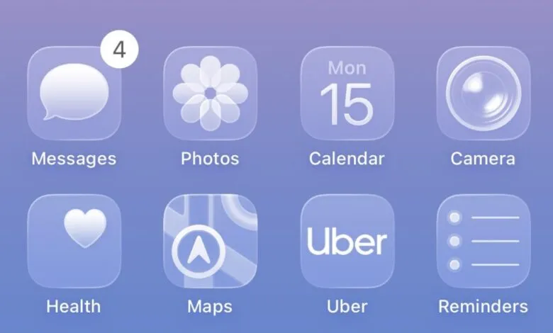 Close-up of an iPhone home screen with eight frosted glass app icons on a purple gradient.