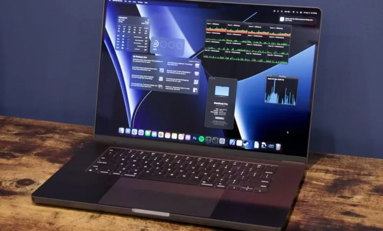 macOS laptop displaying widgets, news, and system monitor data. Dark mode interface.