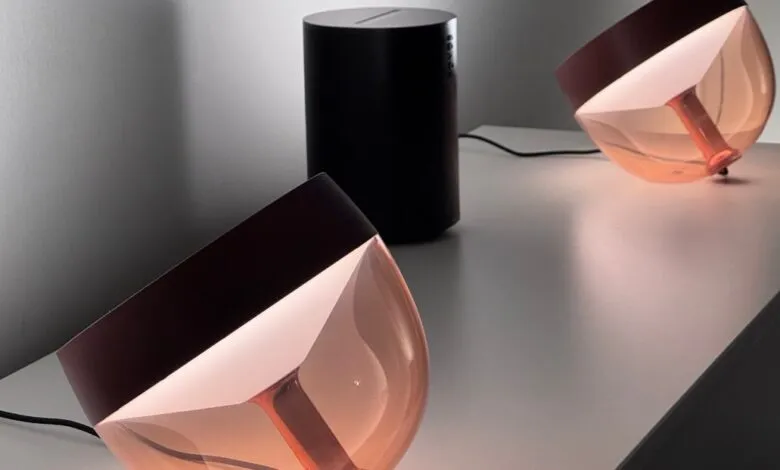 Two modern table lamps with rose-gold and dark accents illuminate a minimalist white surface.