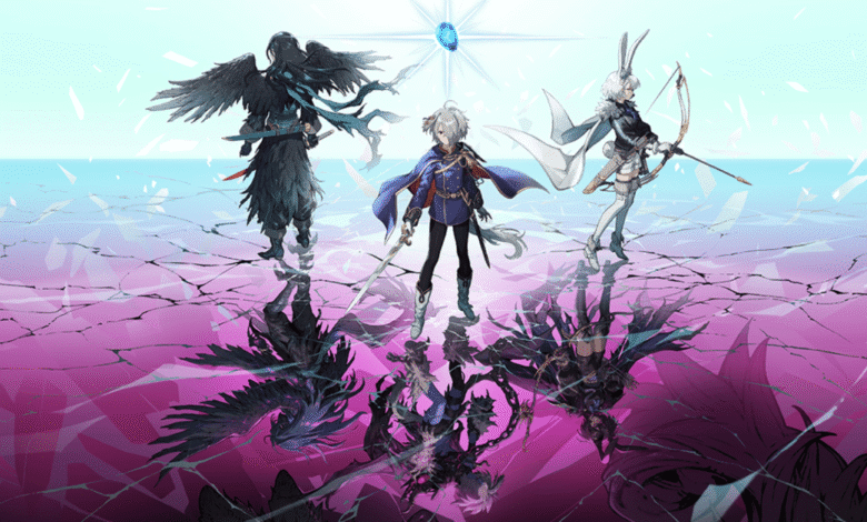 Fantasy artwork of three characters: a swordsman, archer, and winged warrior, reflected in a cracked, purple and blue surface.