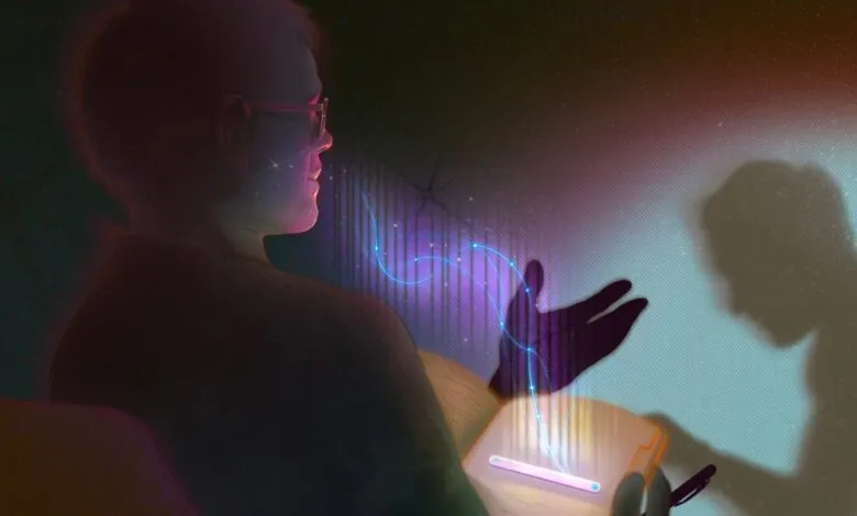 Person speaking, glowing lines connect to a shadowy figure, suggesting digital communication or storytelling.