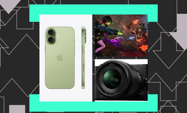 iPhone, video game, and camera collage. Green iPhone, intense game scene, and black camera lens.