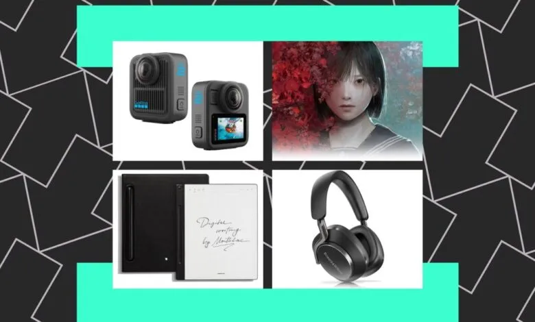 Collage of tech gadgets and digital art: GoPro cameras, digital notebook, headphones, and anime-style portrait.