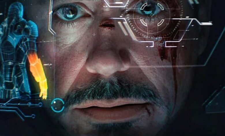 Close-up of Robert Downey Jr. as Iron Man, displaying a futuristic heads-up display with a 3D model of his suit.
