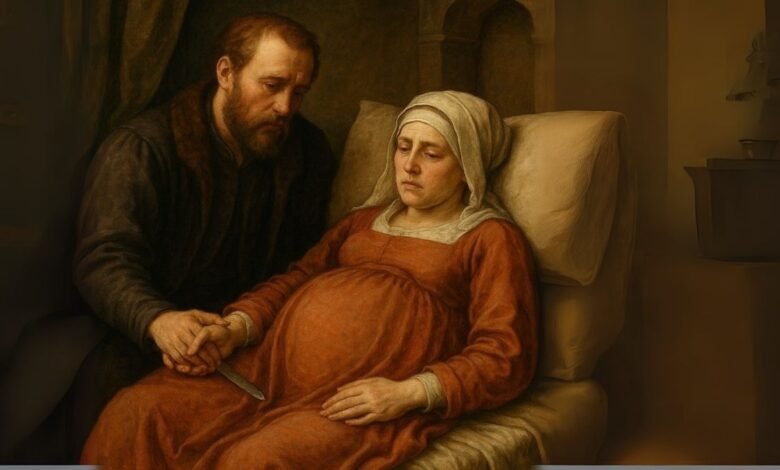 Painting of a man comforting a pregnant woman in bed, dark, somber tones.