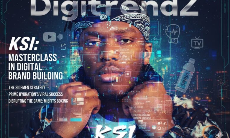 KSI's face overlaid with digital elements, promoting his masterclass in digital brand building. Includes logos for Prime Hydration and Misfits Boxing.