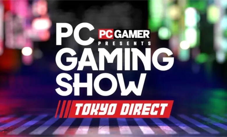 PC Gamer Presents Gaming Show Tokyo Direct logo with blurred city lights background