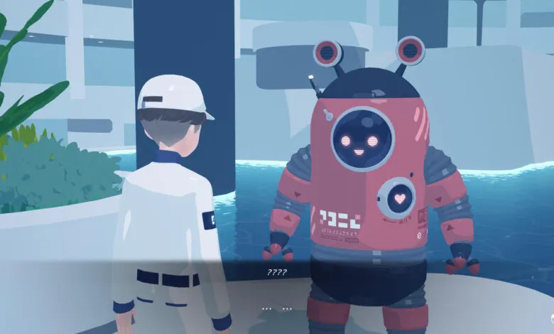 A person in a white uniform faces a friendly-looking pink robot by a body of water.
