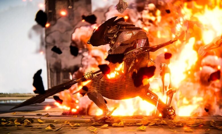 A futuristic warrior in ornate armor stands amidst a fiery explosion, holding a spear.