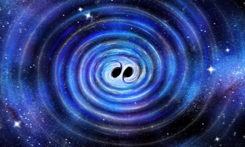 Artistic depiction of two black holes merging, surrounded by swirling blue nebula and stars.
