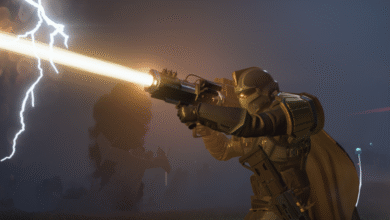 Sci-fi soldier fires energy weapon, lightning flashes nearby.