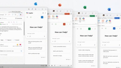 Microsoft Copilot AI integrated into Teams, PowerPoint, Excel, and Word applications.