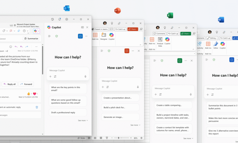 Microsoft Copilot AI integrated into Teams, PowerPoint, Excel, and Word applications.