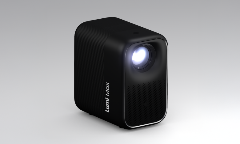 Compact black Lumi Max projector with a bright lens, ideal for presentations or home entertainment.