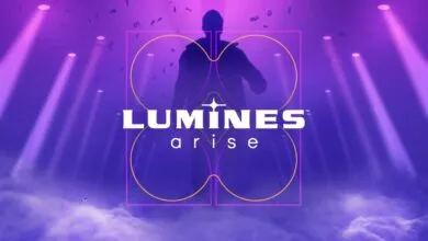Lumines Arise key art: A silhouetted figure stands center, bathed in purple light, with the game's title prominently displayed.