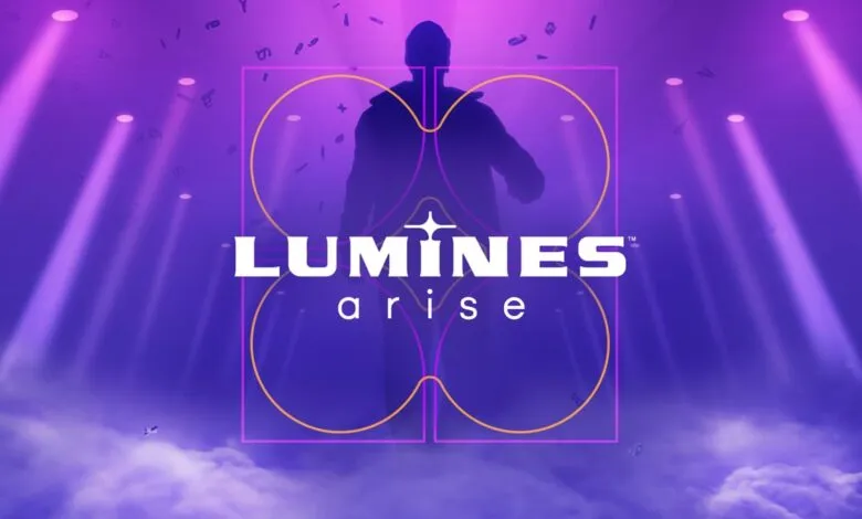Lumines Arise key art: A silhouetted figure stands center, bathed in purple light, with the game's title prominently displayed.