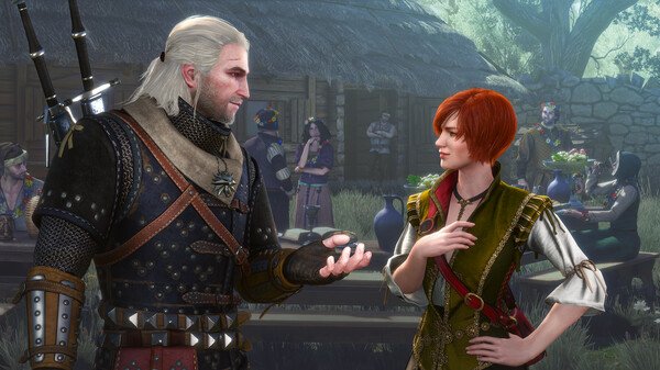 Geralt of Rivia talks to Triss Merigold in a village setting with people in the background.