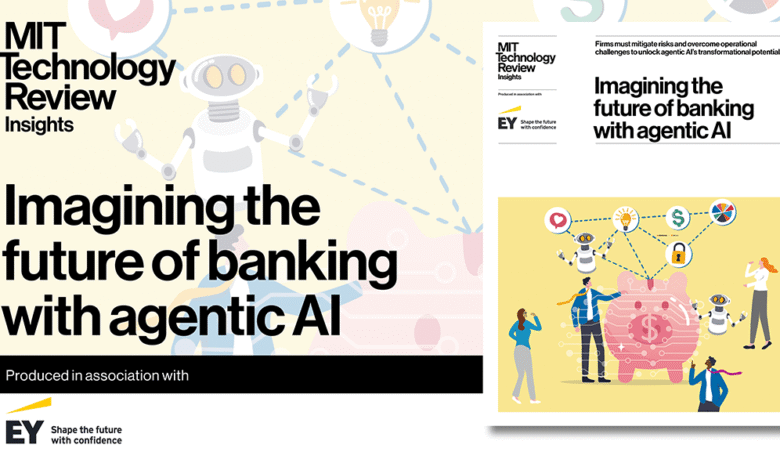 Illustration showing how agentic AI will shape the future of banking, featuring robots and humans interacting around a large piggy bank.
