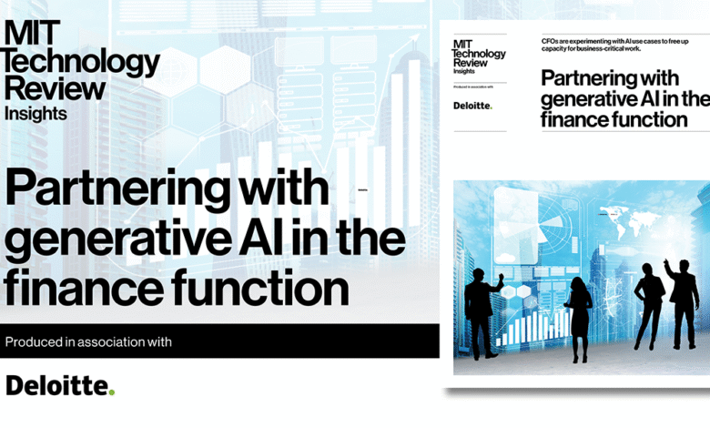 MIT Technology Review Insights and Deloitte report: Partnering with generative AI in finance. Silhouetted figures interact with data visualizations.