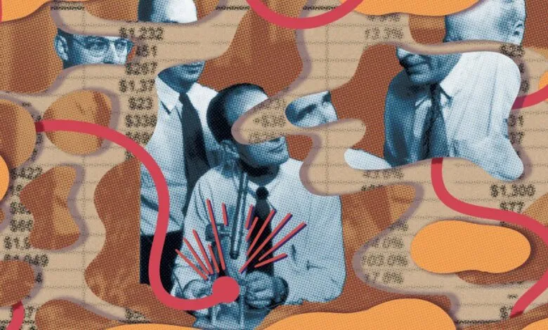 Collage of vintage businessmen and financial data with abstract red lines and orange shapes.