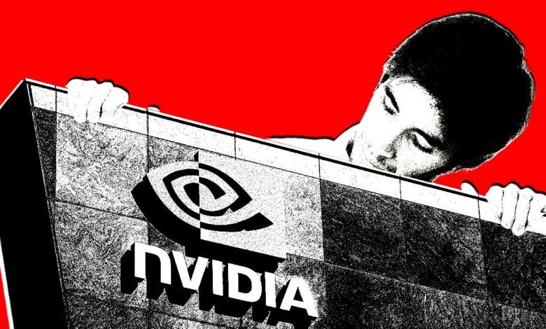 Person peeking over a wall with the Nvidia logo, set against a red background.