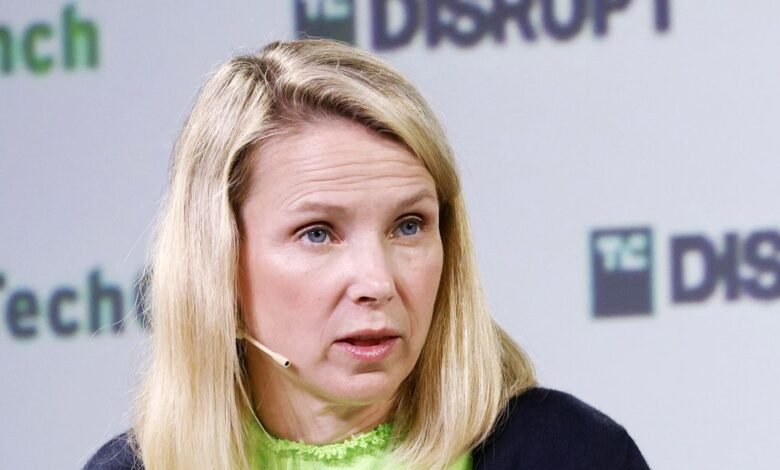 Marissa Mayer speaking at a TechCrunch Disrupt event.