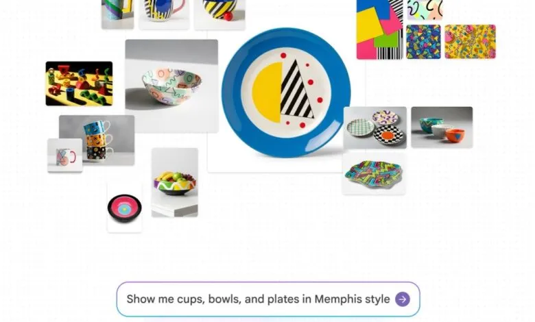 Collage of colorful cups, bowls, and plates in the Memphis design style.