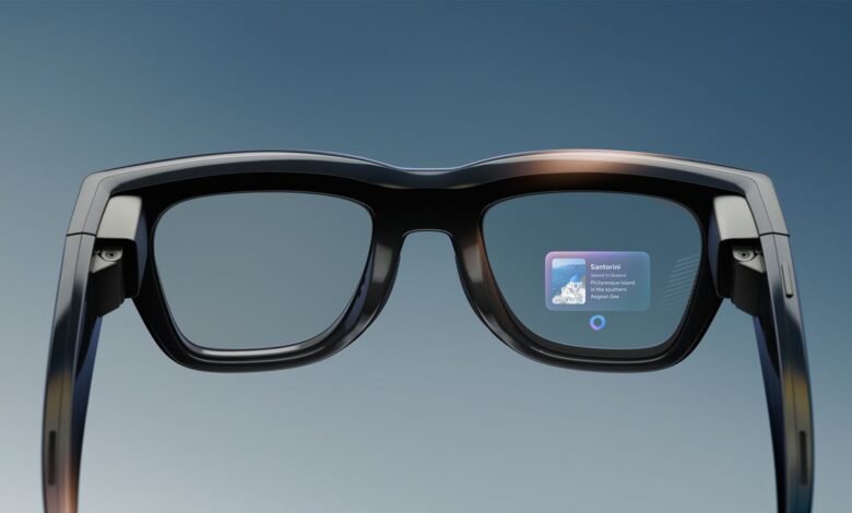 Close-up of Meta Ray-Ban smart glasses displaying information about Santorini, Greece.