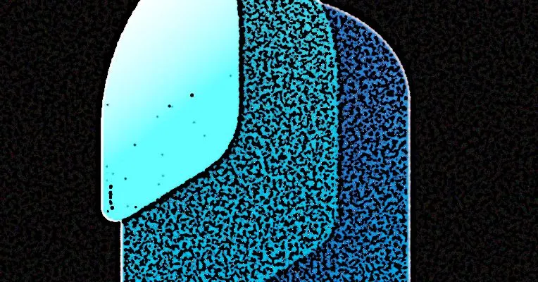 Abstract art depicting a textured, teal and black shape resembling a stylized gemstone or ice crystal.