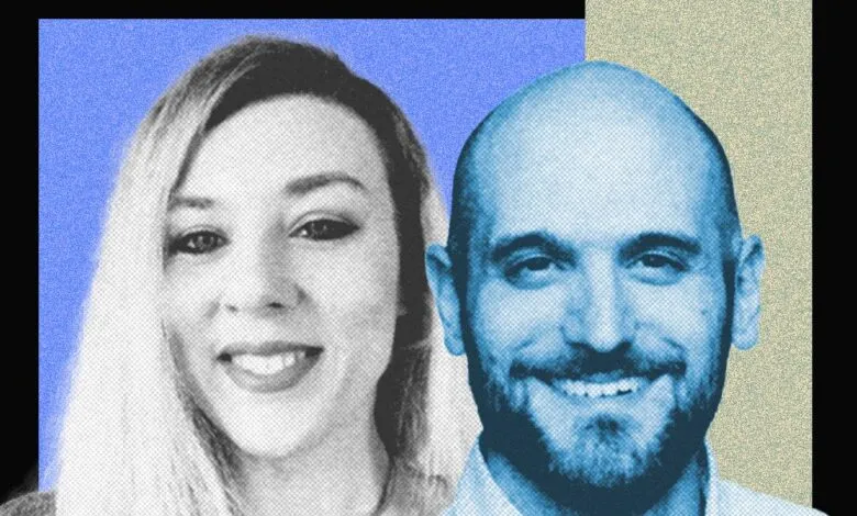 Close-up portrait of a woman and a man, faces juxtaposed against blue and beige backgrounds.
