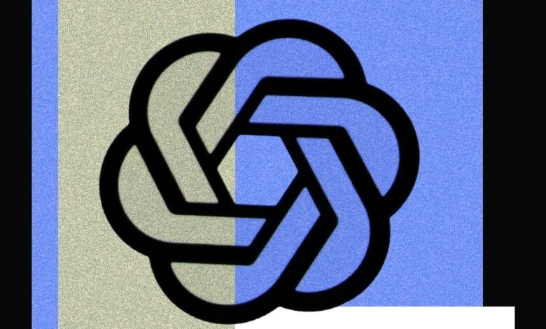 Abstract graphic design featuring a black interlocking circular pattern against a beige and blue textured background.