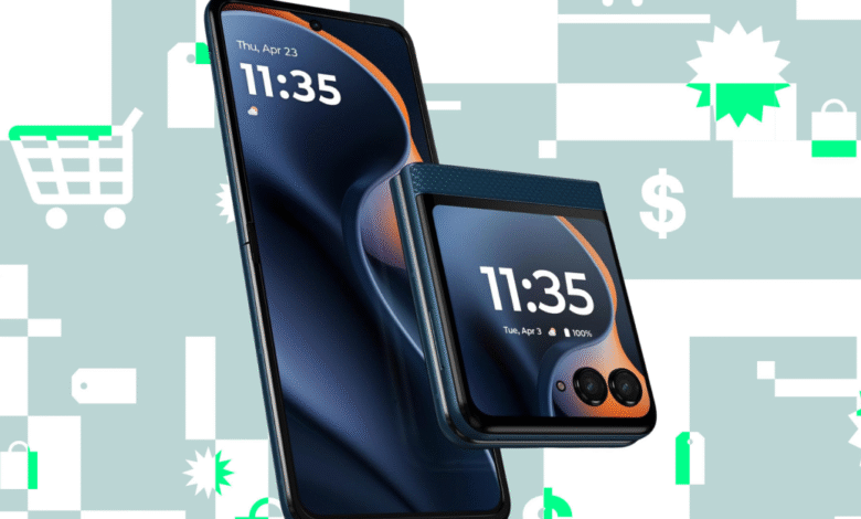 Motorola Razr 2025: A sleek foldable phone shown alongside its standard counterpart, set against a backdrop of shopping icons.