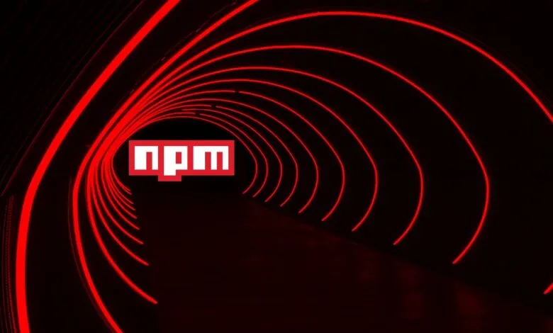 npm logo in a red neon tunnel, symbolizing the vast network of JavaScript packages.